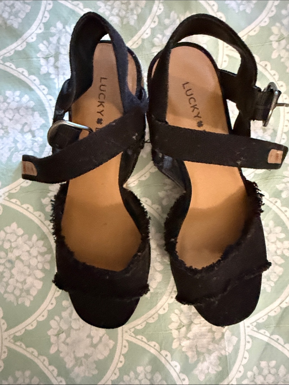 Lucky Brand Black Frayed Strap Wedge Sandals
